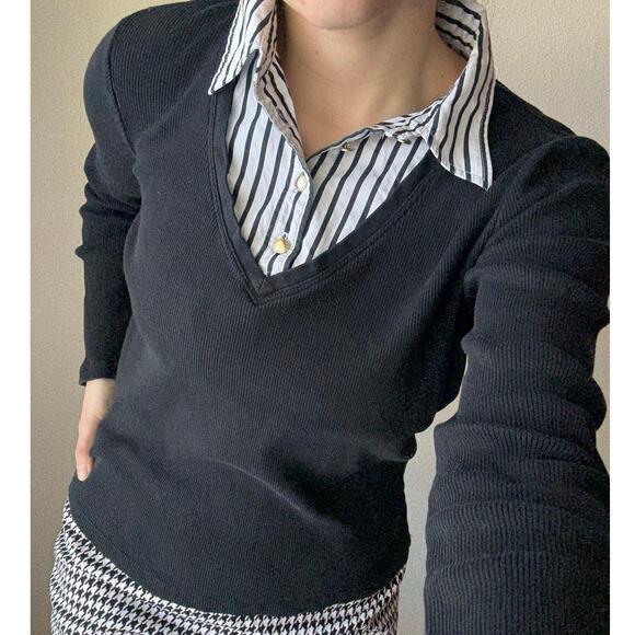 Lauren Ralph Lauren y2k knit sweater button down layered stripe black white work - Picture 2 of 9